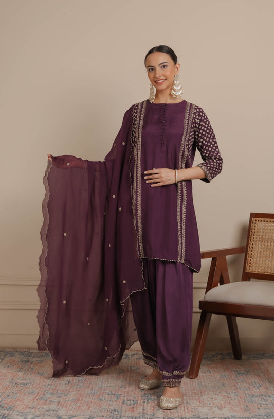 Purple Yoke Embroidered Short Kurta & Salwar Set