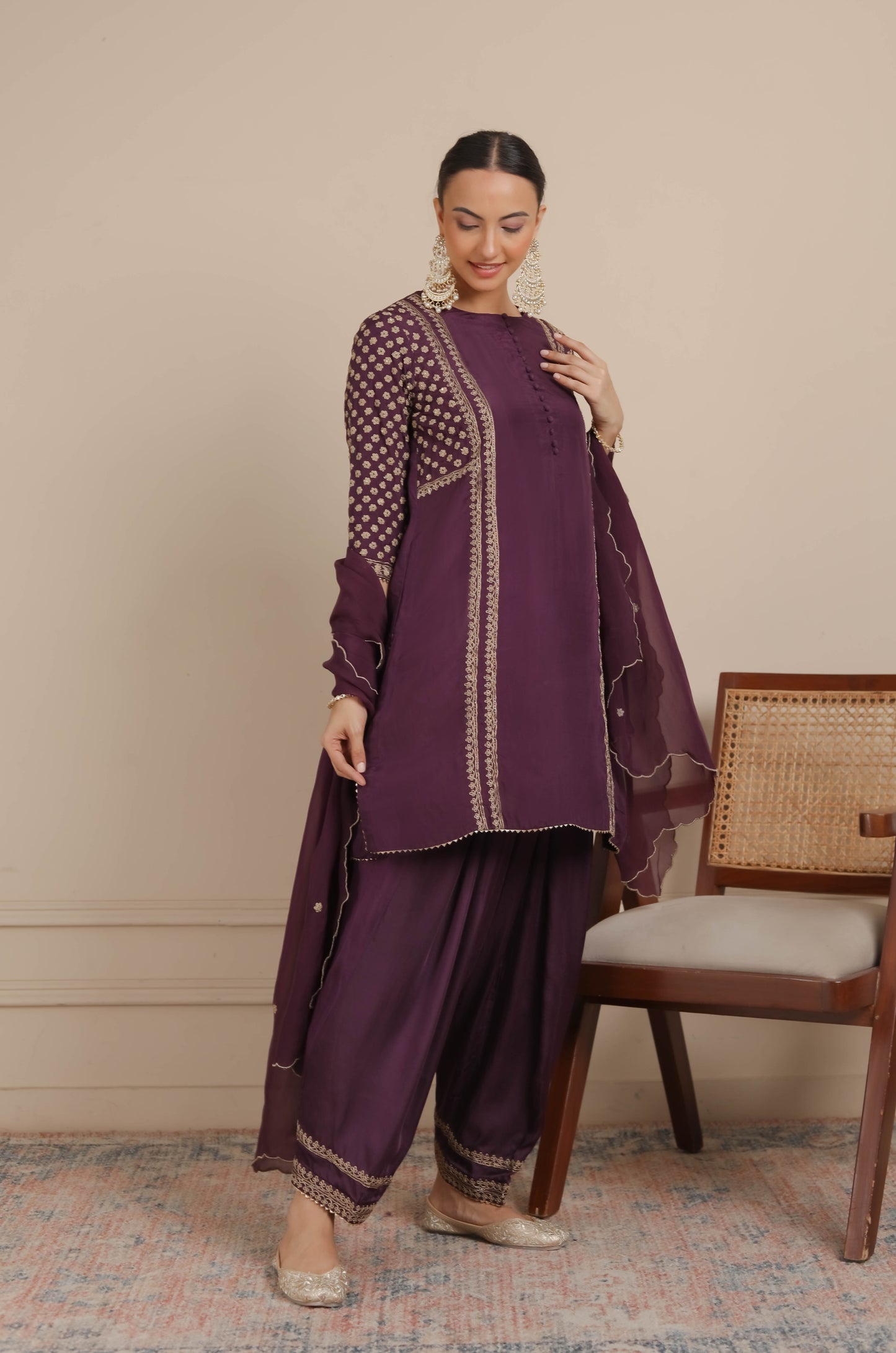 Purple Yoke Embroidered Short Kurta & Salwar Set