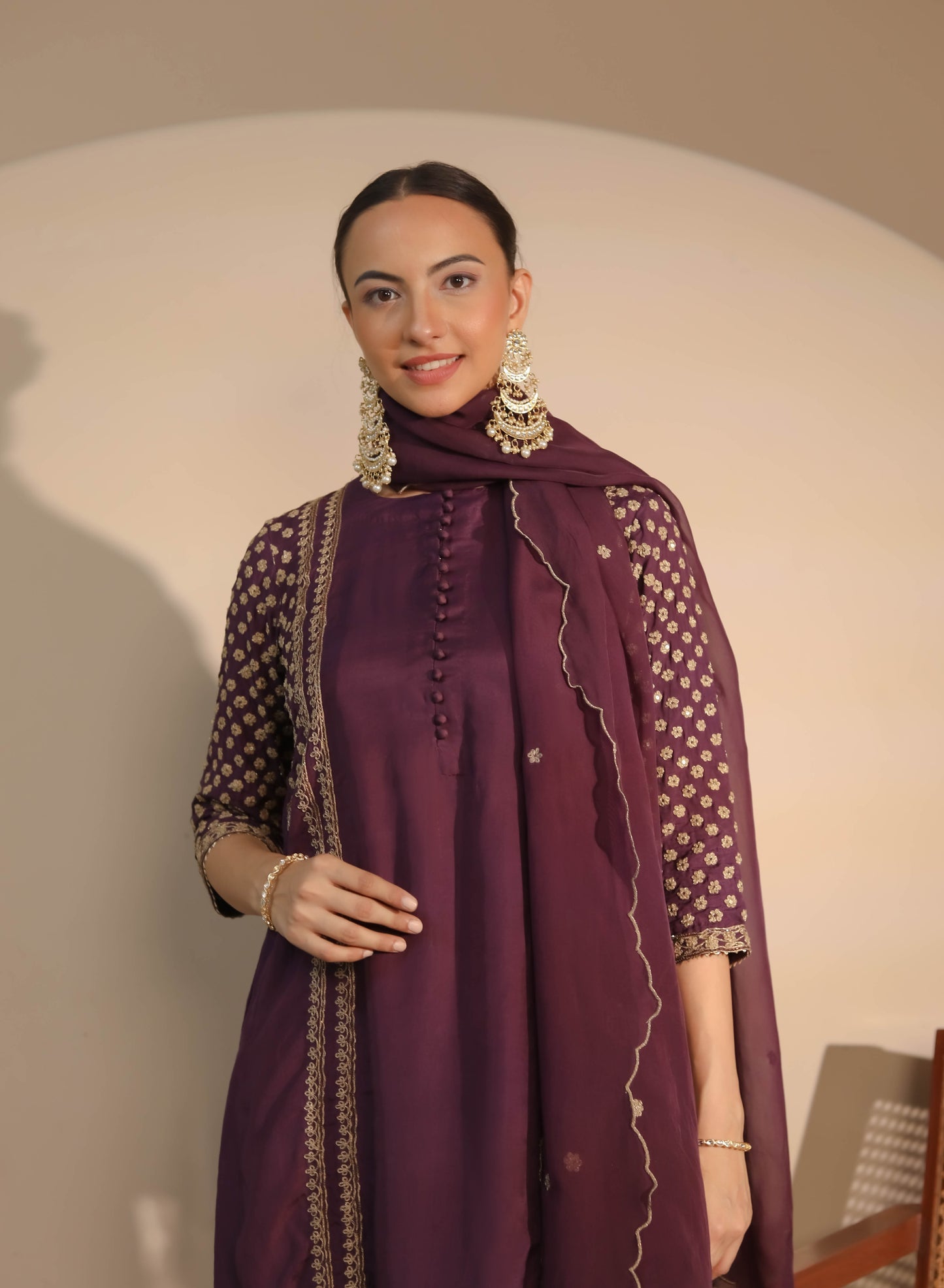 Purple Yoke Embroidered Short Kurta & Salwar Set