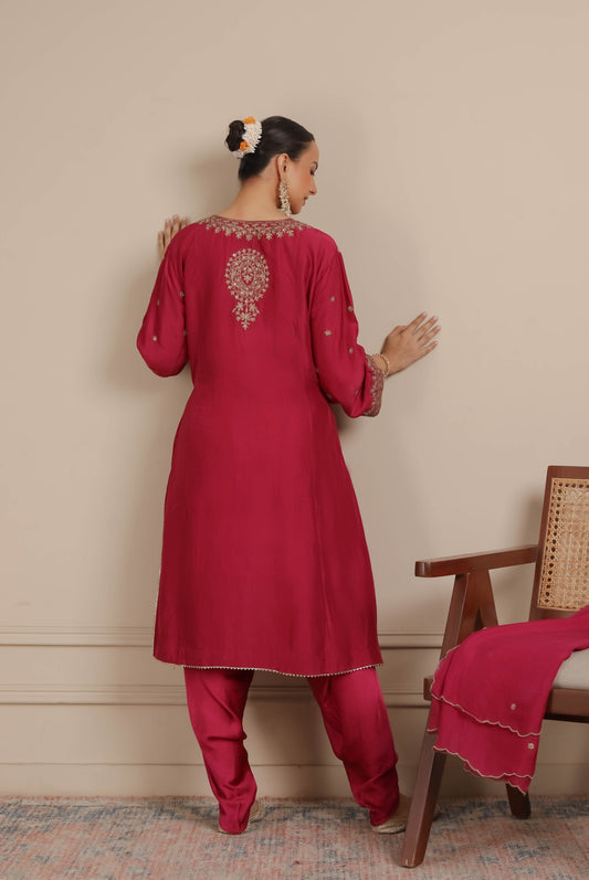 Magenta Pink Dori Embroidered A-Line Kurta & Salwar Set