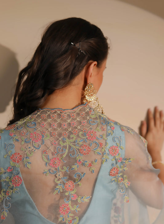 Blue Blouse, Flaired Pants & Cape Set