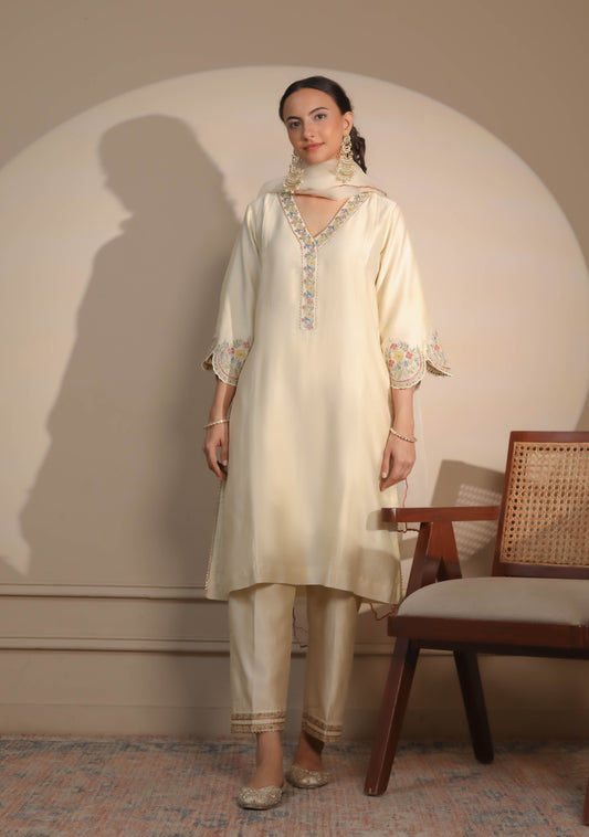 Ivory Kurta & Pants with Sleeve Embroidery