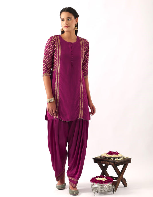 Magenta Pink Yoke Embroidered Short Kurta & Salwar Set