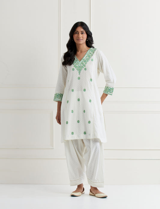 Off White Cotton Kurta & Pant Salwar Set- Green
