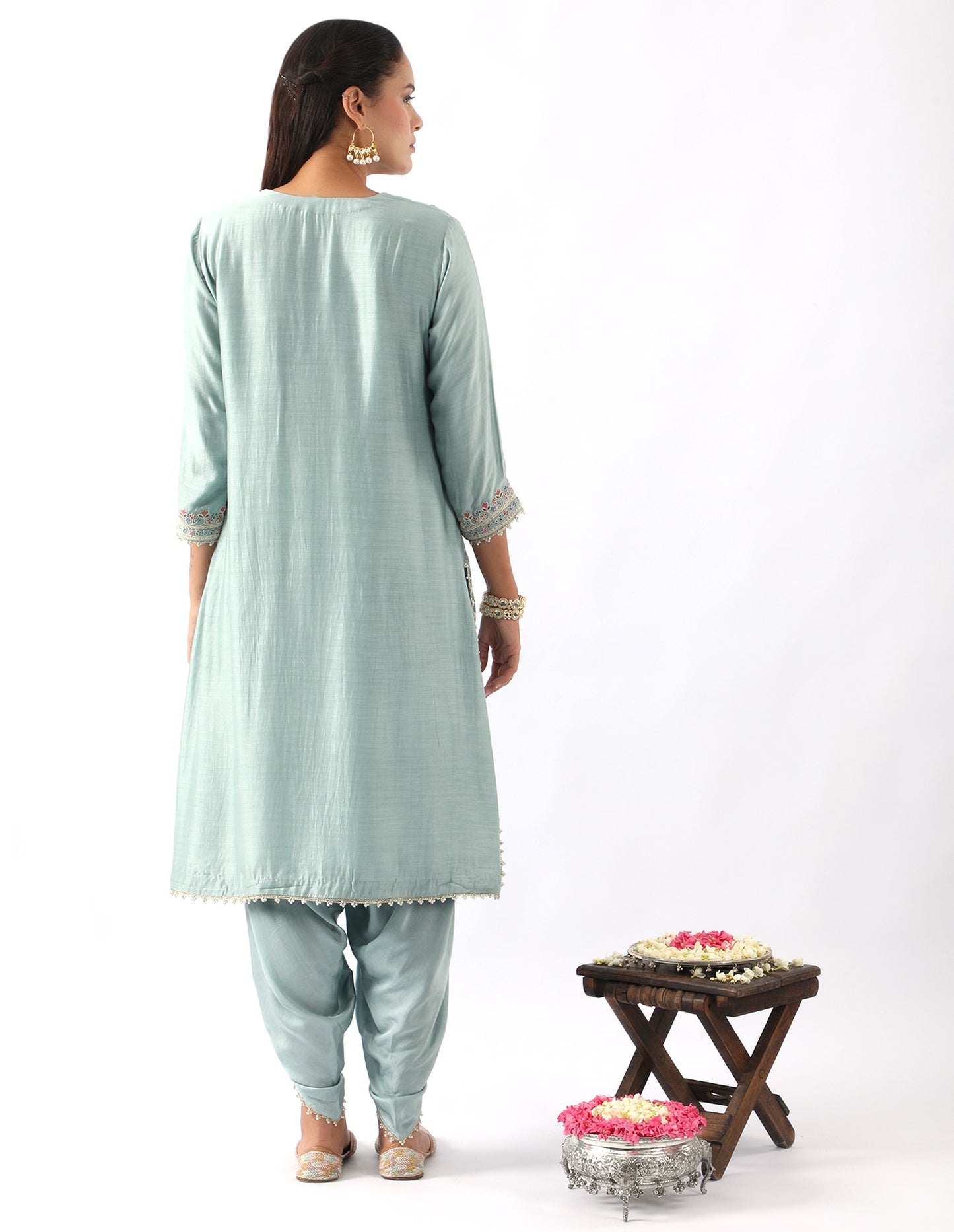 Ice Blue Embroidered A-Line Kurta & Dhoti Set