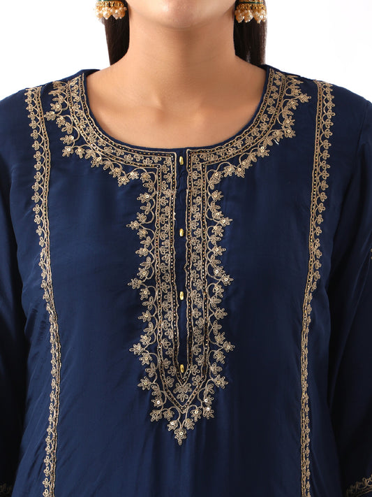 Midnight Blue Neck Embroidered Kurta & Dhoti Set