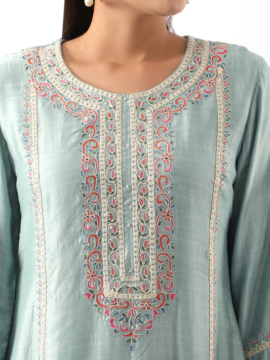 Ice Blue Embroidered A-Line Kurta & Salwar Set