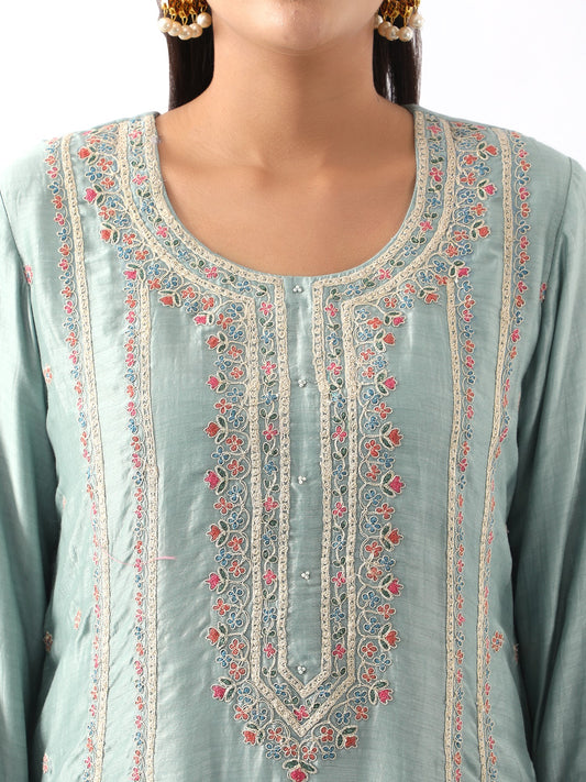 Ice Blue Embroidered A-Line Kurta & Dhoti Set