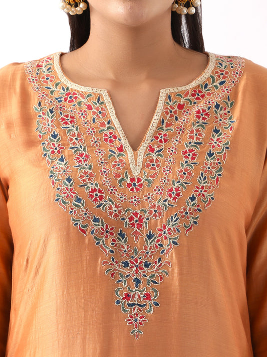Orange Neck Embroidered Kurta & Salwar Set