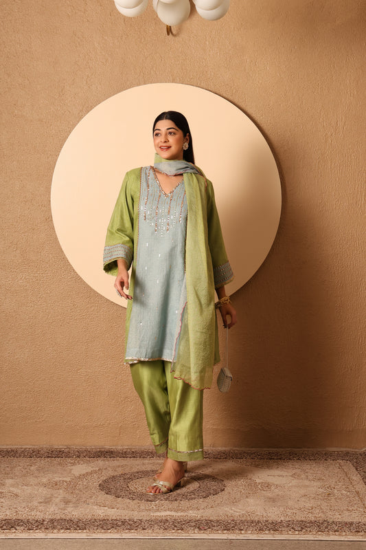 Avni- Blue & Green Kota Tissue Hand Embroidered Suit