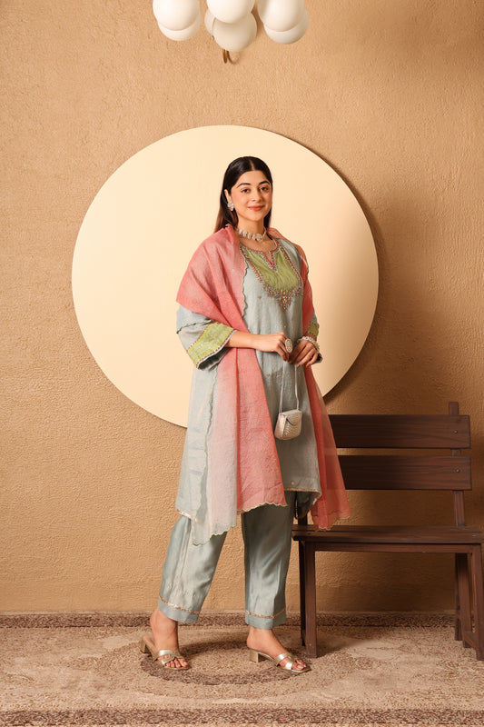 Niva- Blue & Green yoke Kota Tissue Hand Embroidered Suit