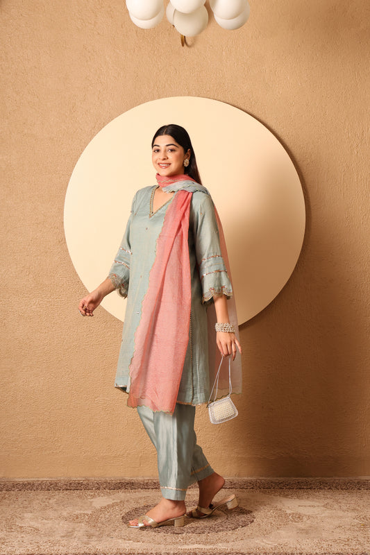 Inaya- Blue Kota Tissue Hand Embroidered Suit