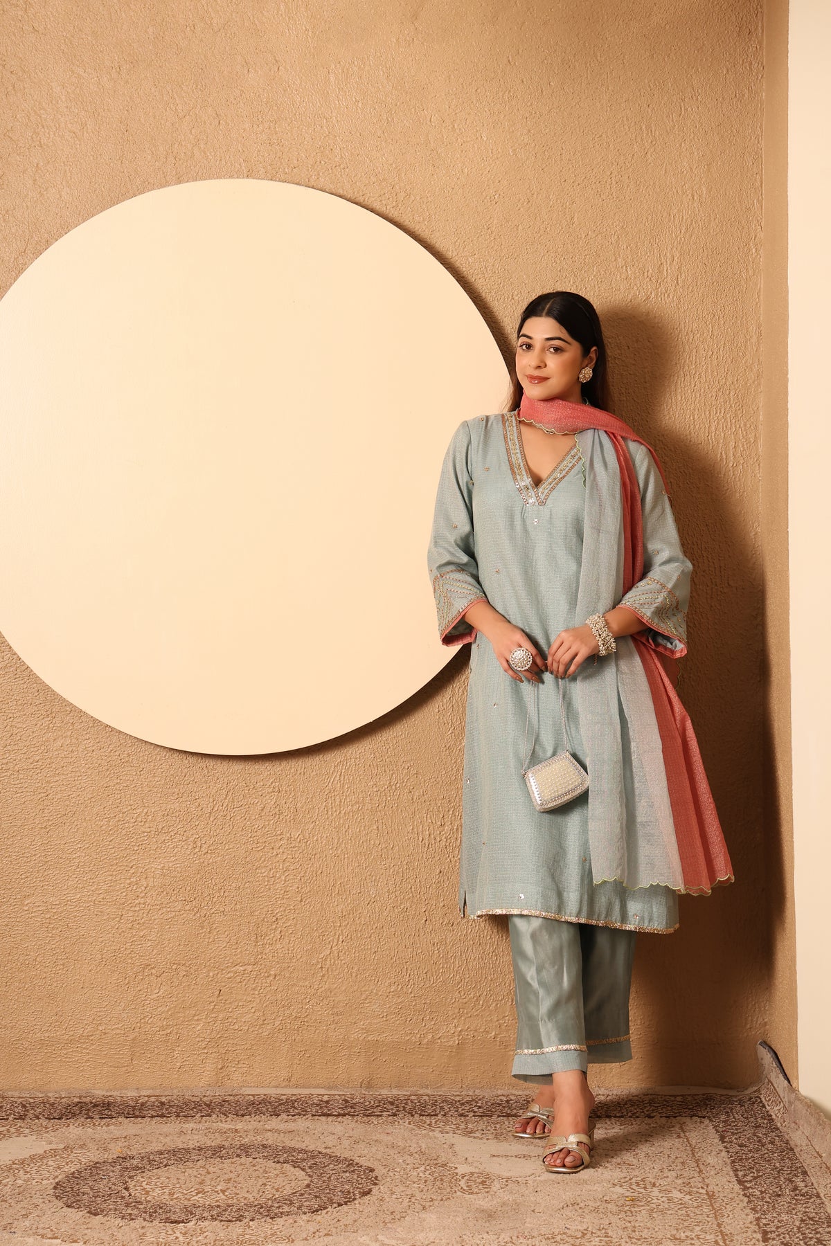 Rooh- Blue Kota Tissue Hand Embroidered Suit
