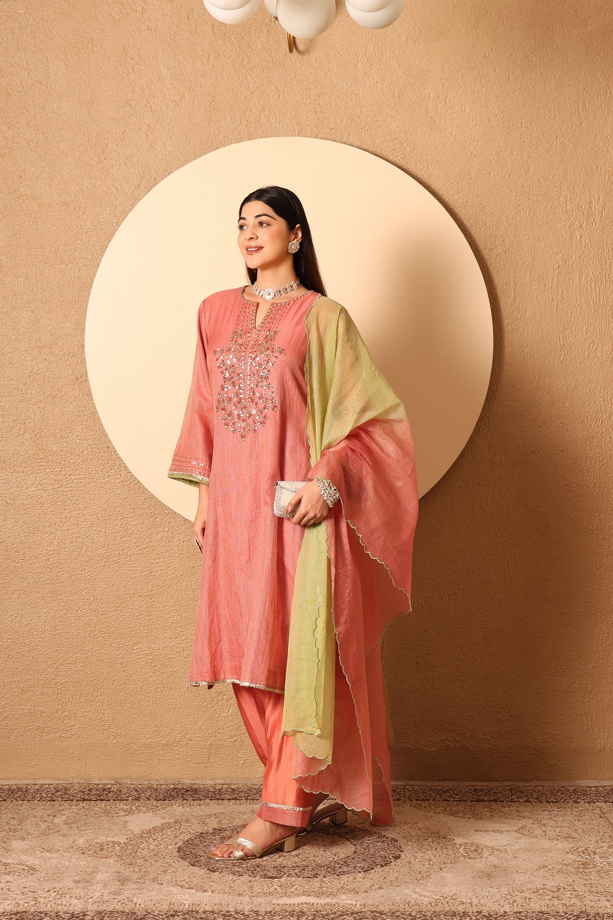 Adaa- Coral Kota Tissue Hand Embroidered Suit
