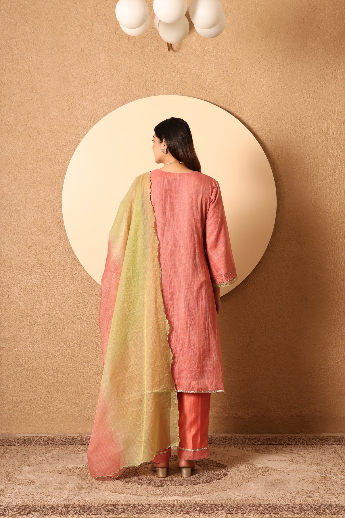 Adaa- Coral Kota Tissue Hand Embroidered Suit