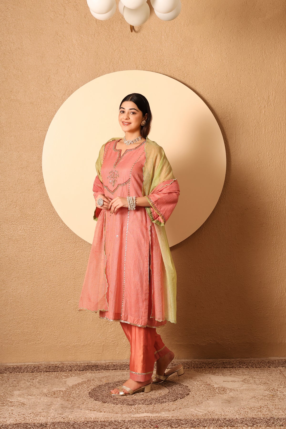 Vanya- Coral Kota Tissue Hand Embroidered Suit