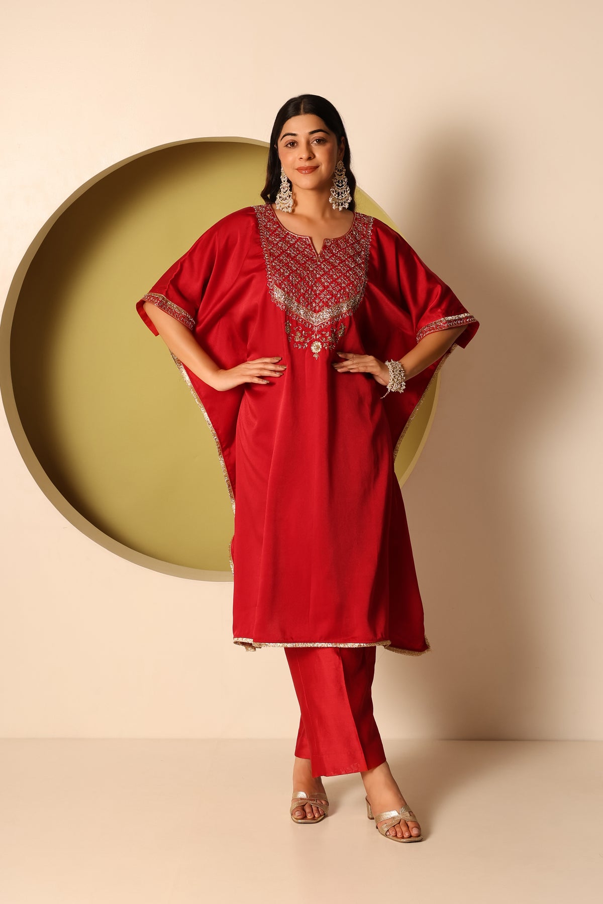 Siya- Red Satin kaftan and chanderi silk pants Set