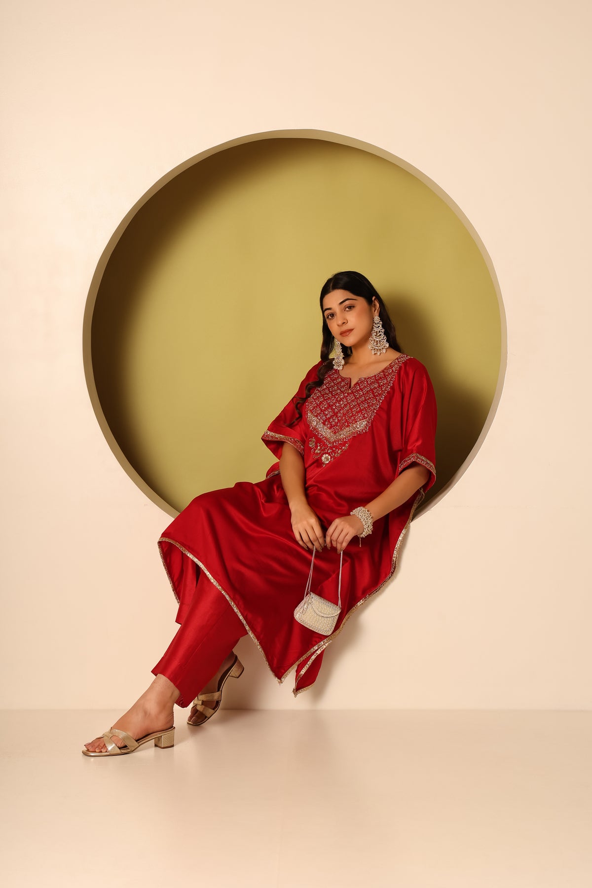 Siya- Red Satin kaftan and chanderi silk pants Set
