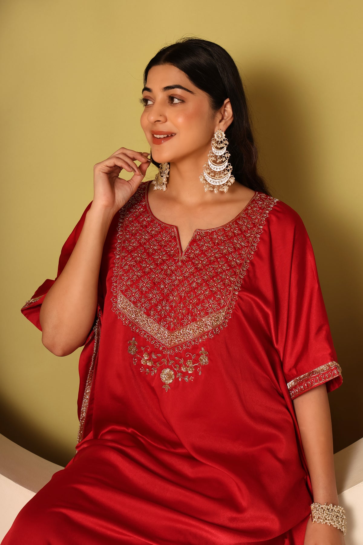 Siya- Red Satin kaftan and chanderi silk pants Set