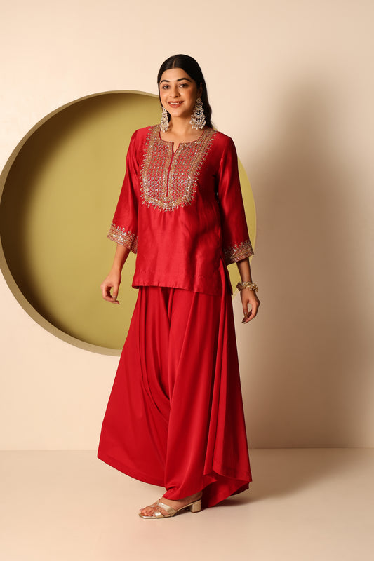 Anvi- Red chanderi silk Short Kurta with Satin Balloon pants Set