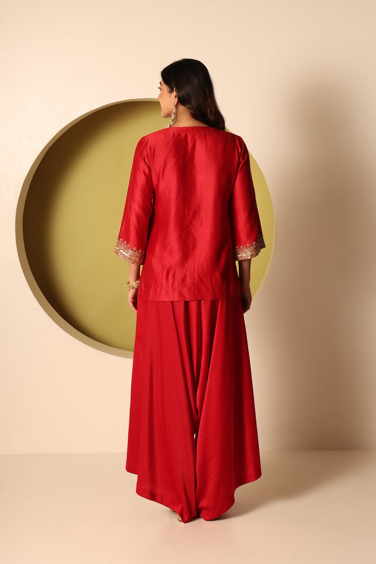 Anvi- Red chanderi silk Short Kurta with Satin Balloon pants Set