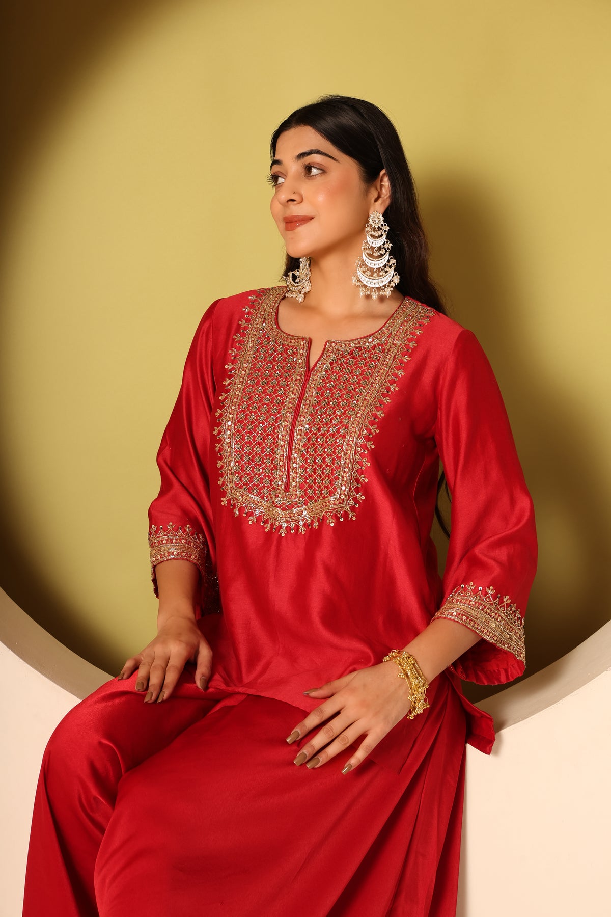 Anvi- Red chanderi silk Short Kurta with Satin Balloon pants Set