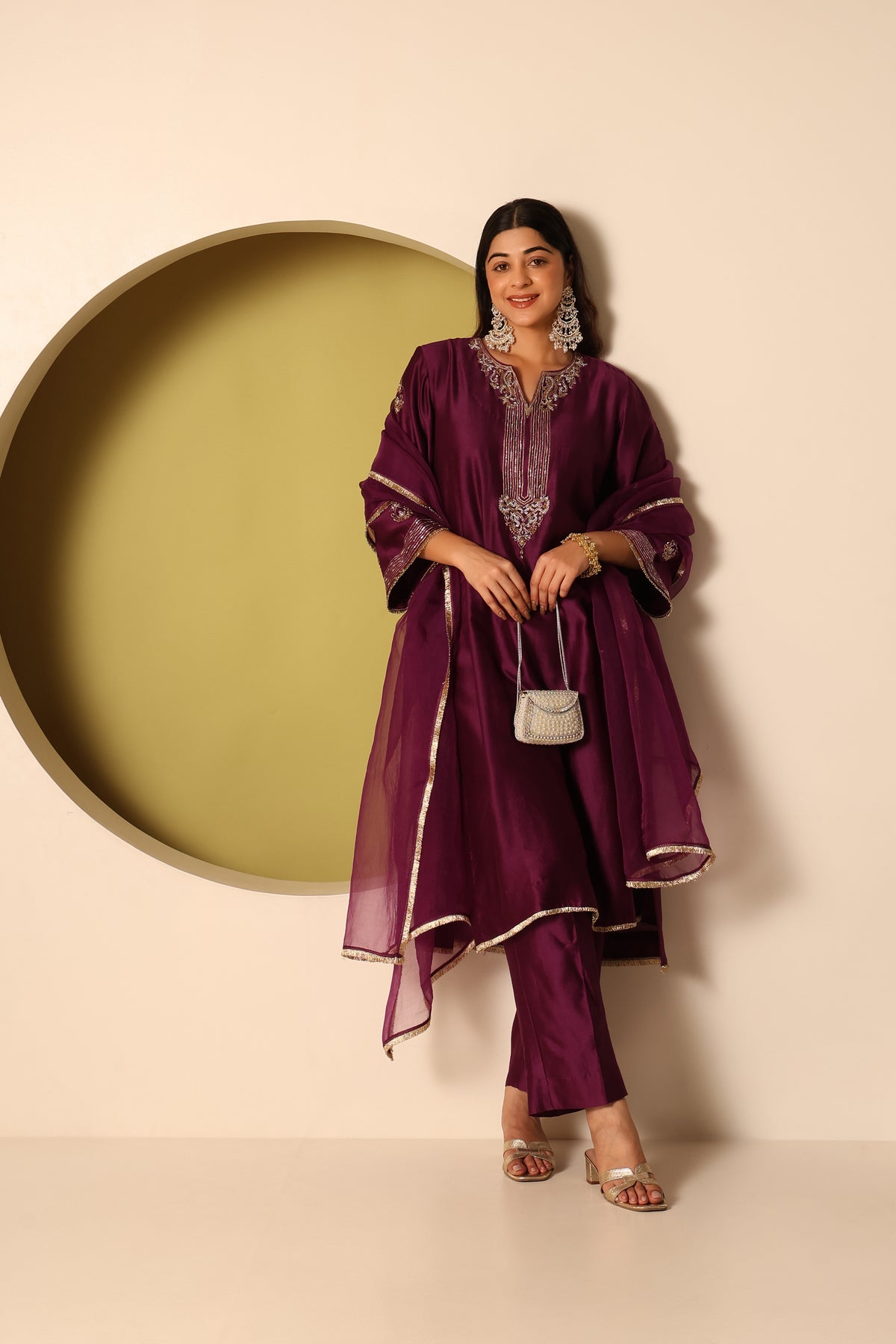 Mahi- Purple chanderi silk Kurta, pants and organza silk Dupatta Set