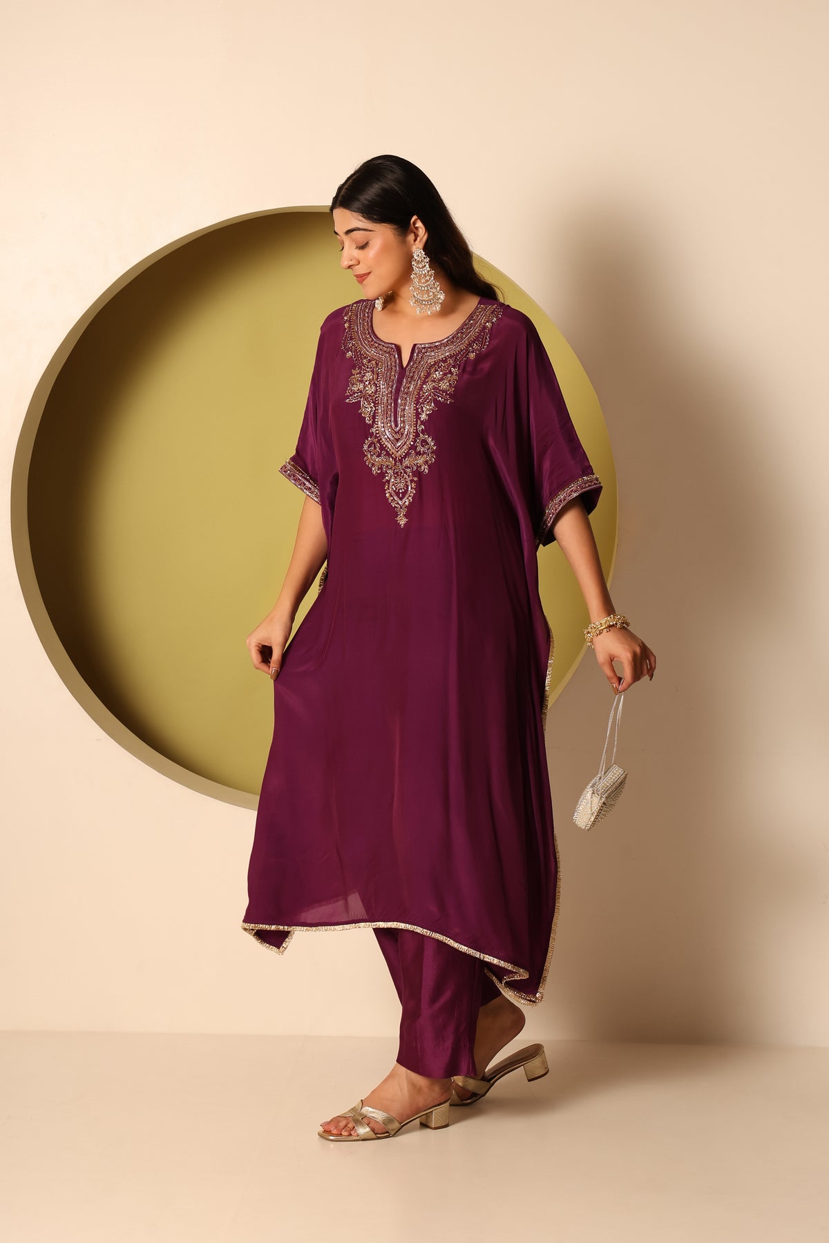 Myra- Purple Crepe kaftan and chanderi silk pants Set