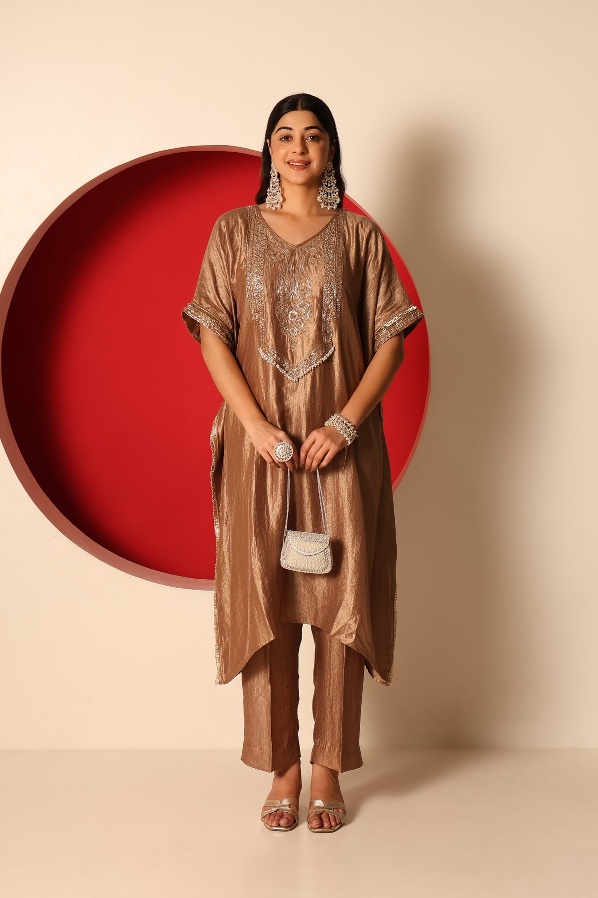 Raina- Gold Tissue kaftan with chanderi silk pants Set