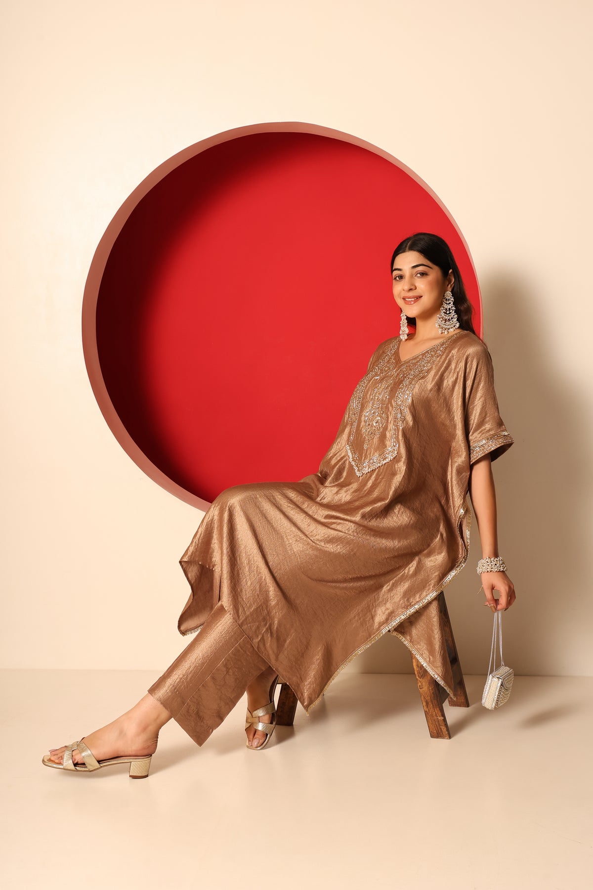 Raina- Gold Tissue kaftan with chanderi silk pants Set