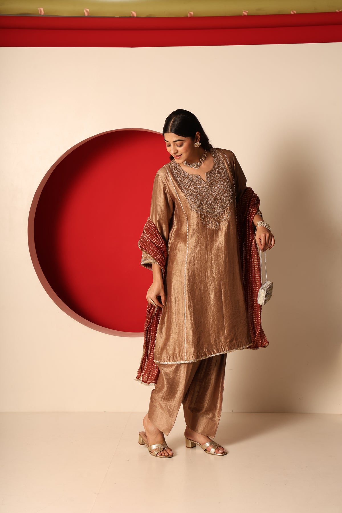 Amreen- Gold tissue Kurta, Salwar with chanderi crush Dupatta
