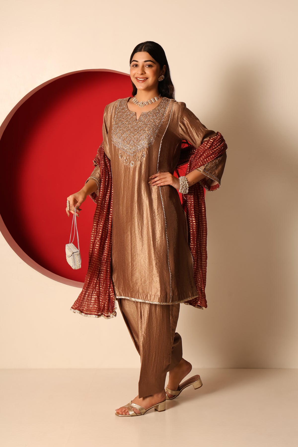 Amreen- Gold tissue Kurta, Salwar with chanderi crush Dupatta