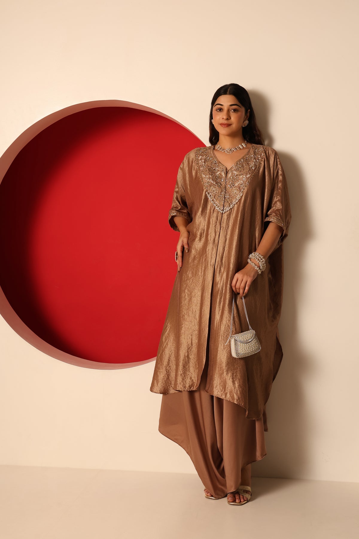 Reva- Gold Tissue kaftan with Satin Balloon pants Set