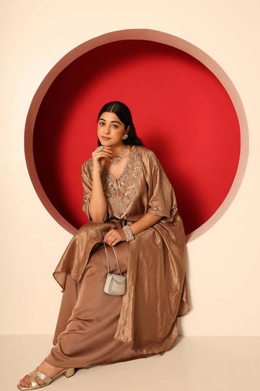 Reva- Gold Tissue kaftan with Satin Balloon pants Set