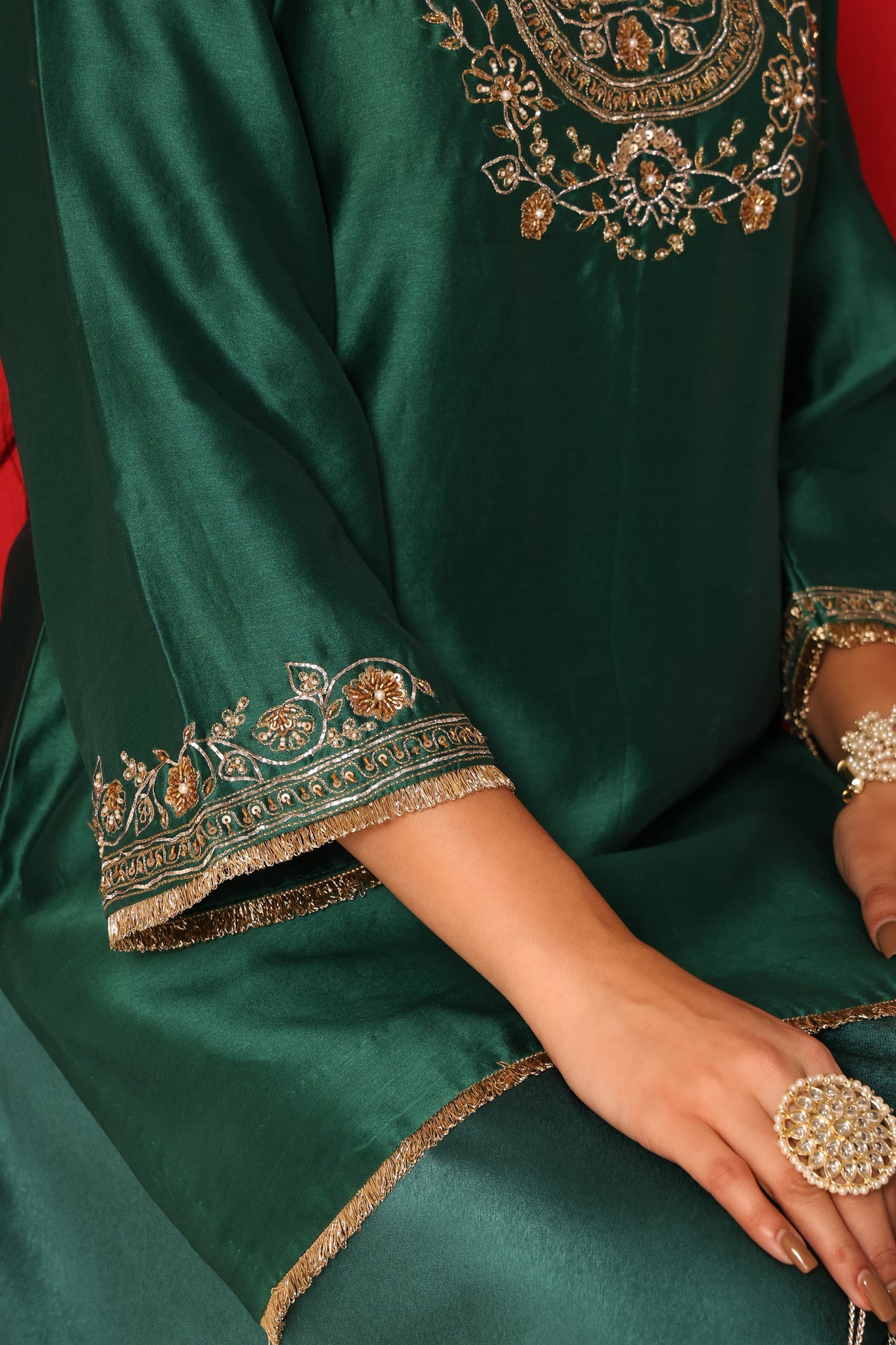 Ziya- Green chanderi silk Short Kurta with Satin Balloon pants Set