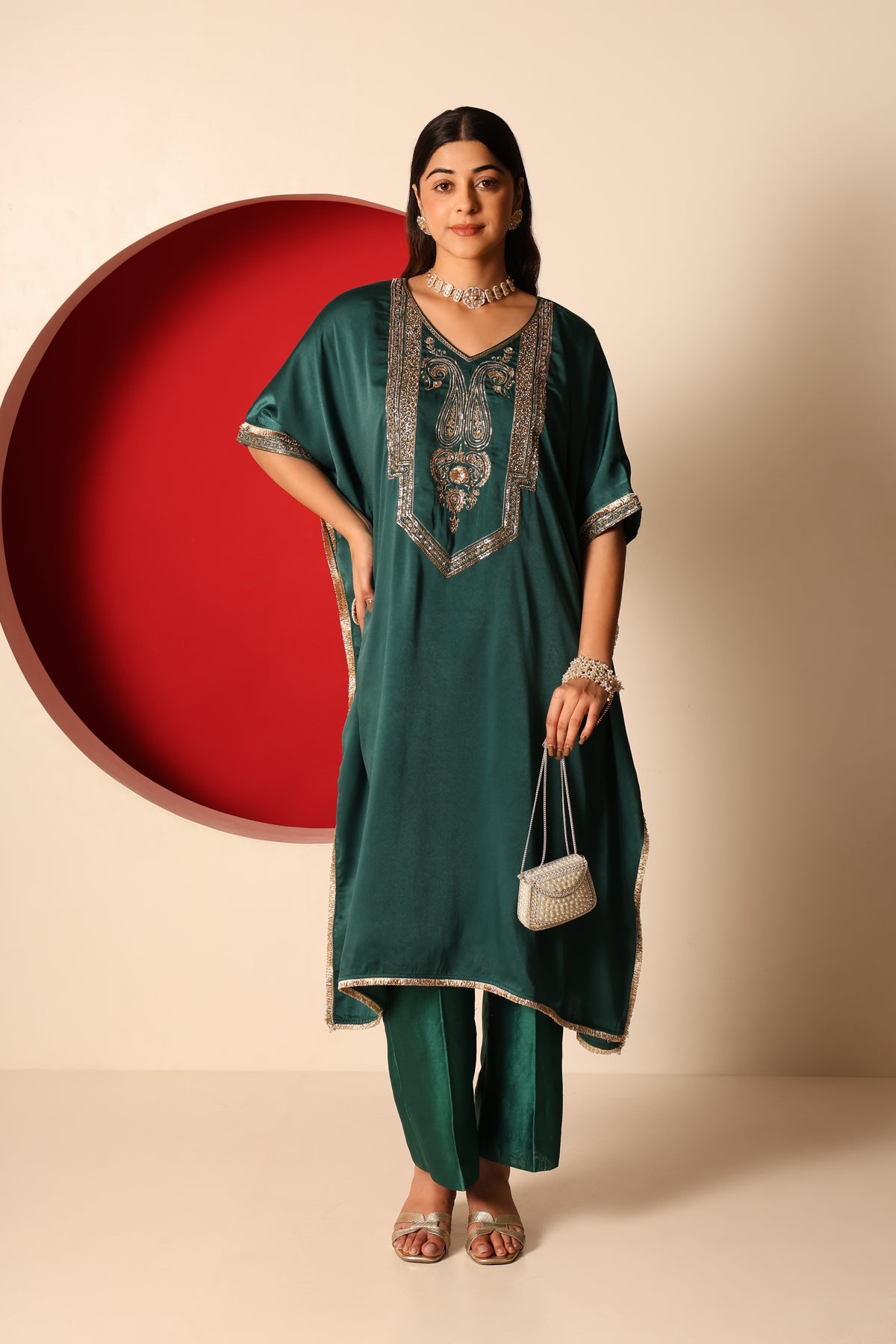 Yana- Green Satin kaftan and Chanderi silk Pants Set