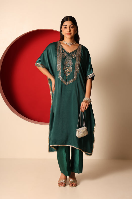 Yana- Green Satin kaftan and Chanderi silk Pants Set