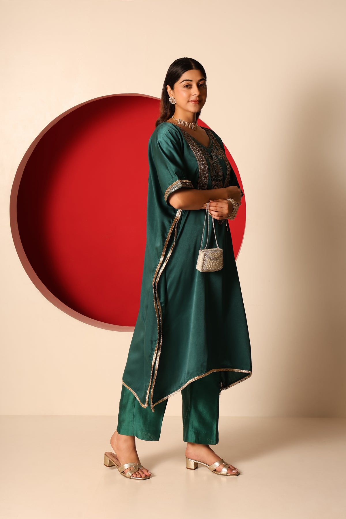 Yana- Green Satin kaftan and Chanderi silk Pants Set