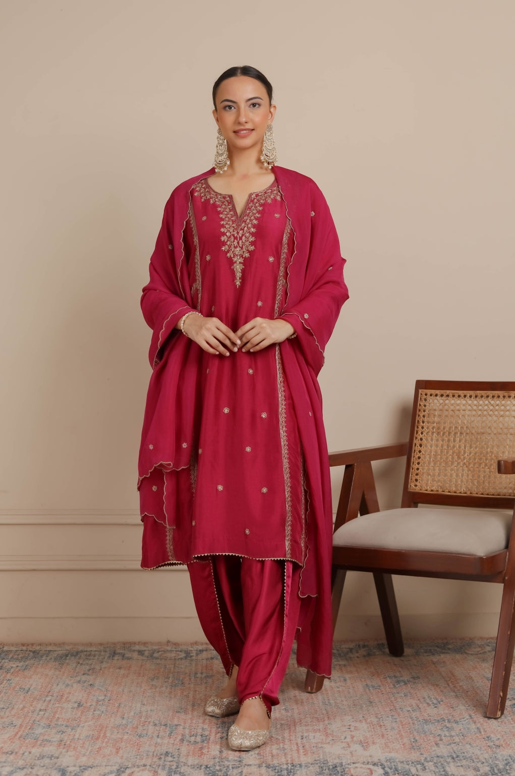 Magenta Pink Dori Embroidered A-Line Kurta & Salwar Set