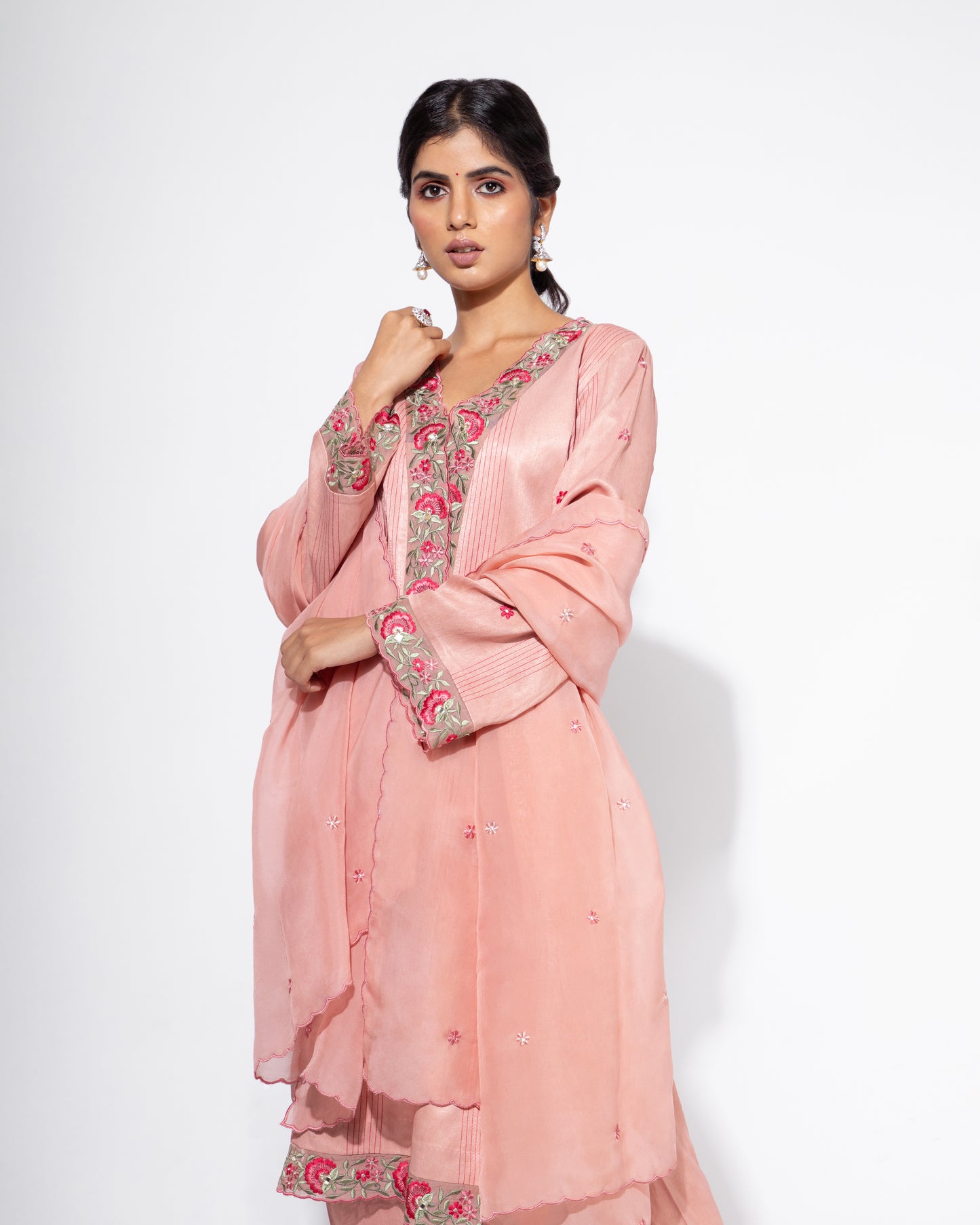 Pink Organza Panel Embroidered Kurta & Salwar Set