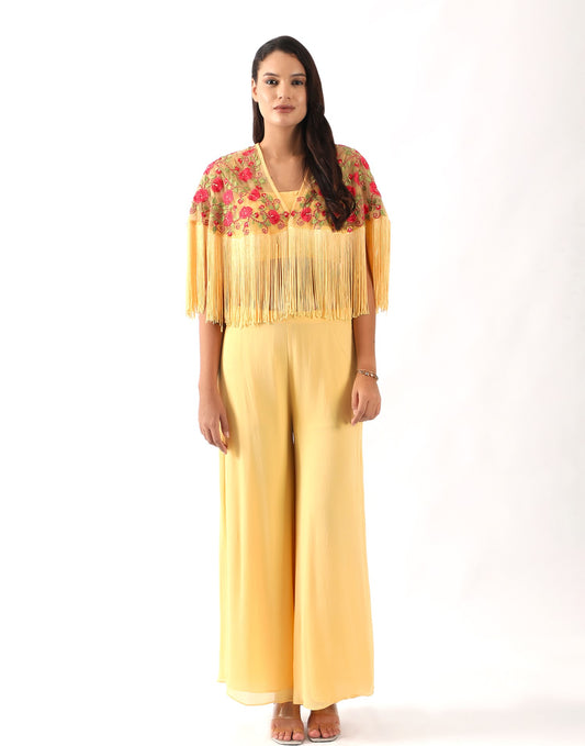 Yellow Embroidered Fringed Cape with Blouse & Flaired Pants