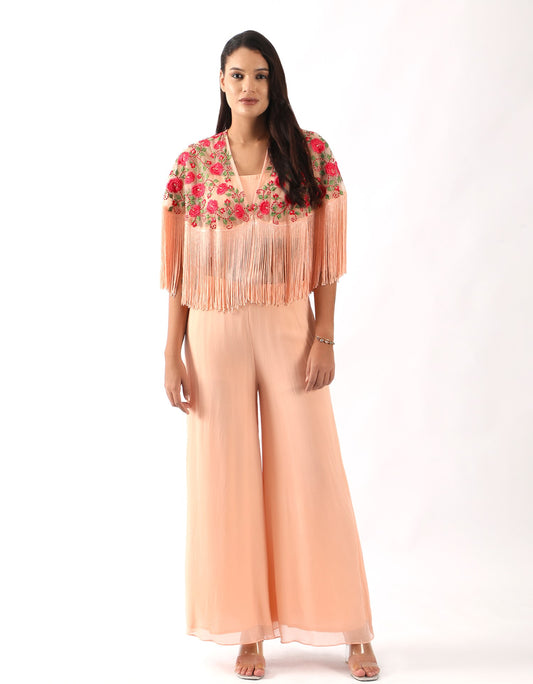 Pink Embroidered Fringed Cape with Blouse & Flared Pants