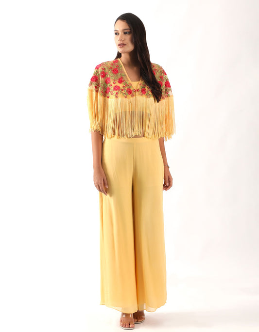 Yellow Embroidered Fringed Cape with Blouse & Flaired Pants