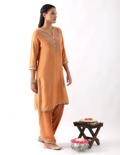 Orange Neck Embroidered Kurta & Salwar Set