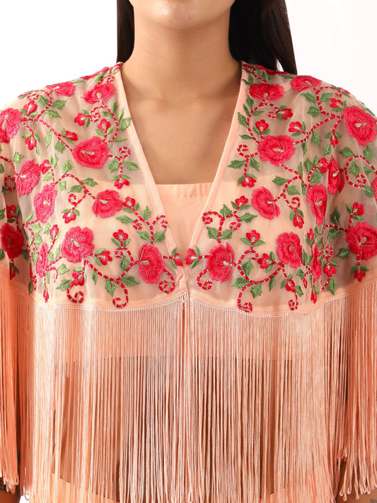 Pink Embroidered Fringed Cape with Blouse & Flared Pants