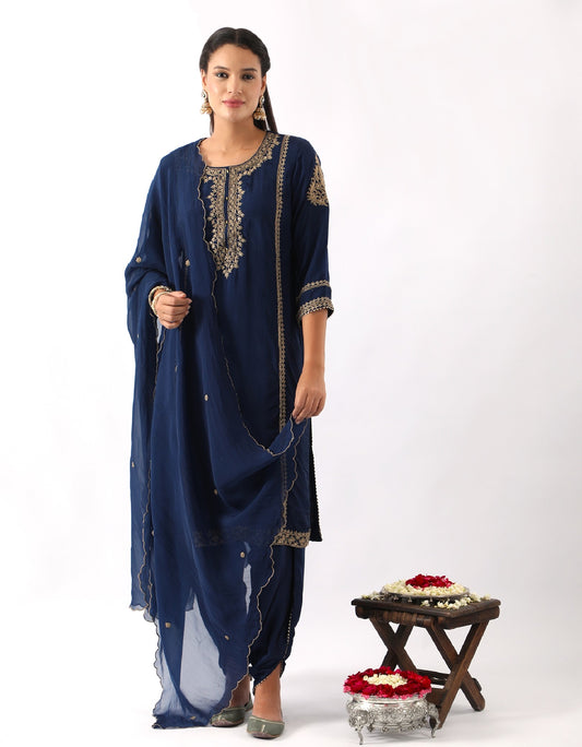 Midnight Blue Neck Embroidered Kurta & Dhoti Set