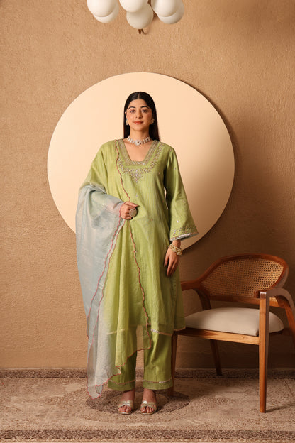 Amaira- Green Kota Tissue Kurta, pants and kota zari Dupatta Set