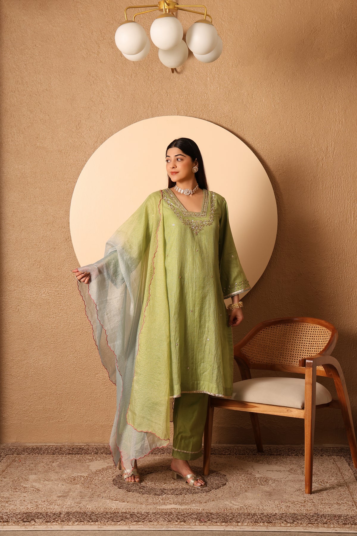 Amaira- Green Kota Tissue Kurta, pants and kota zari Dupatta Set