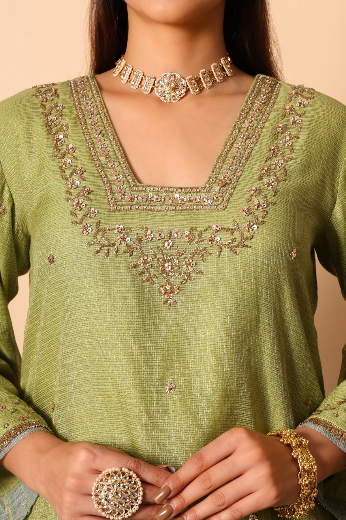 Amaira- Green Kota Tissue Kurta, pants and kota zari Dupatta Set