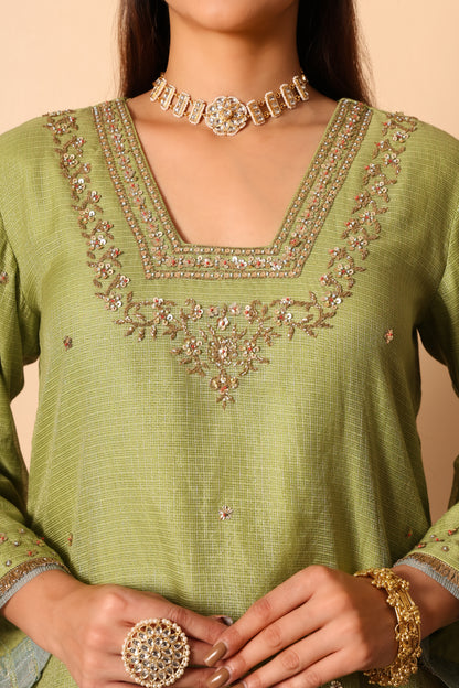 Amaira- Green Kota Tissue Kurta, pants and kota zari Dupatta Set